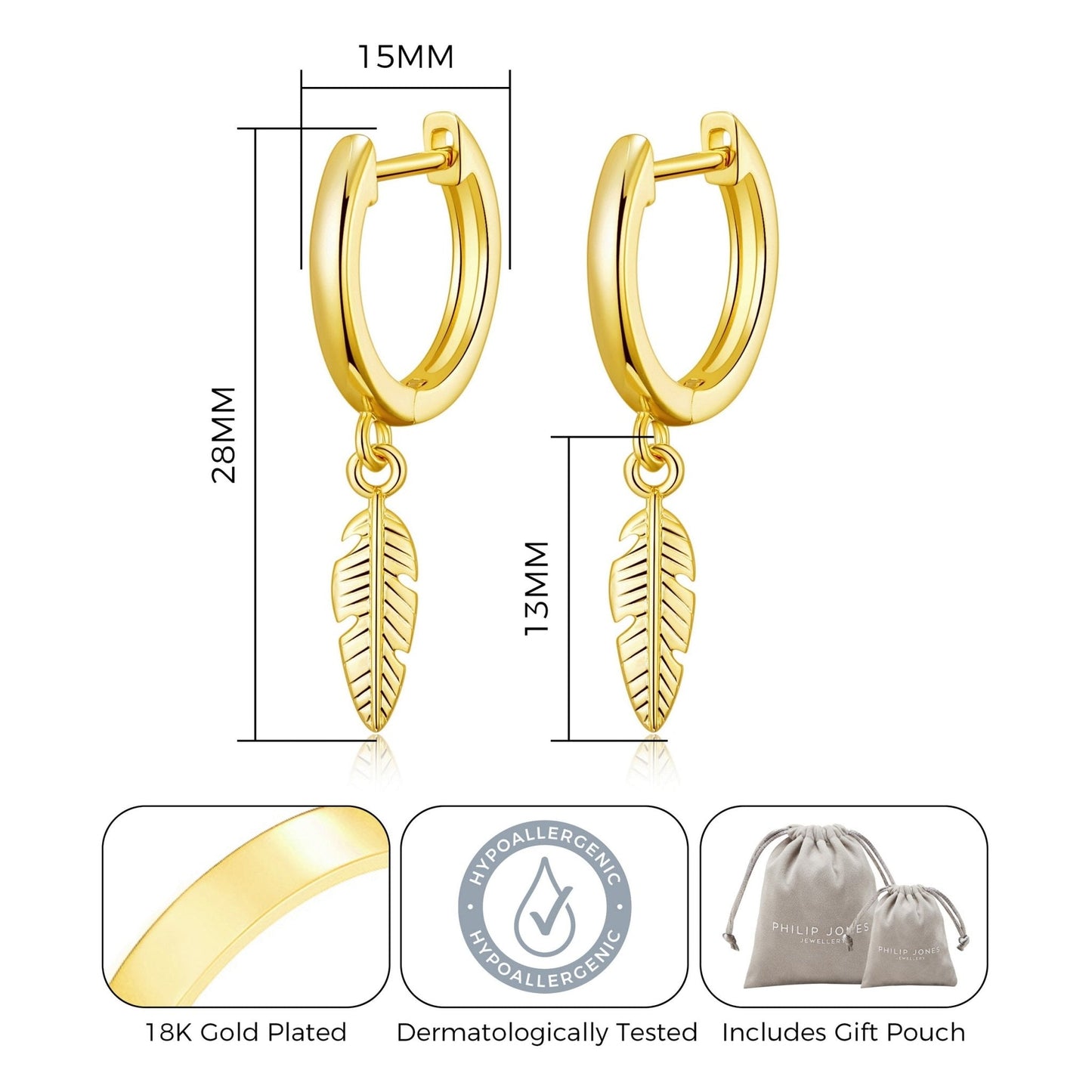 Gold Plated Feather Charm Hoop Earrings