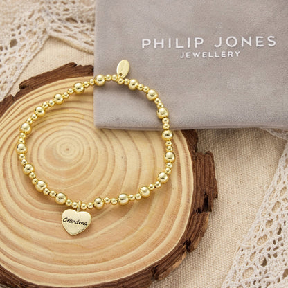 Gold Plated Grandma Heart Charm Beaded Stretch Bracelet