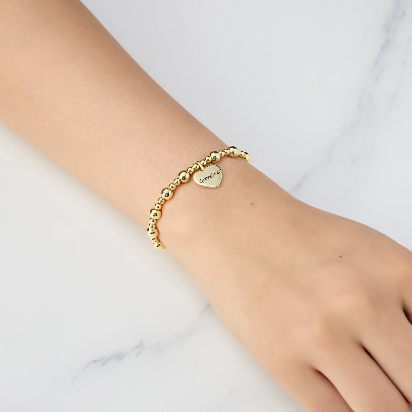 Gold Plated Grandma Heart Charm Beaded Stretch Bracelet