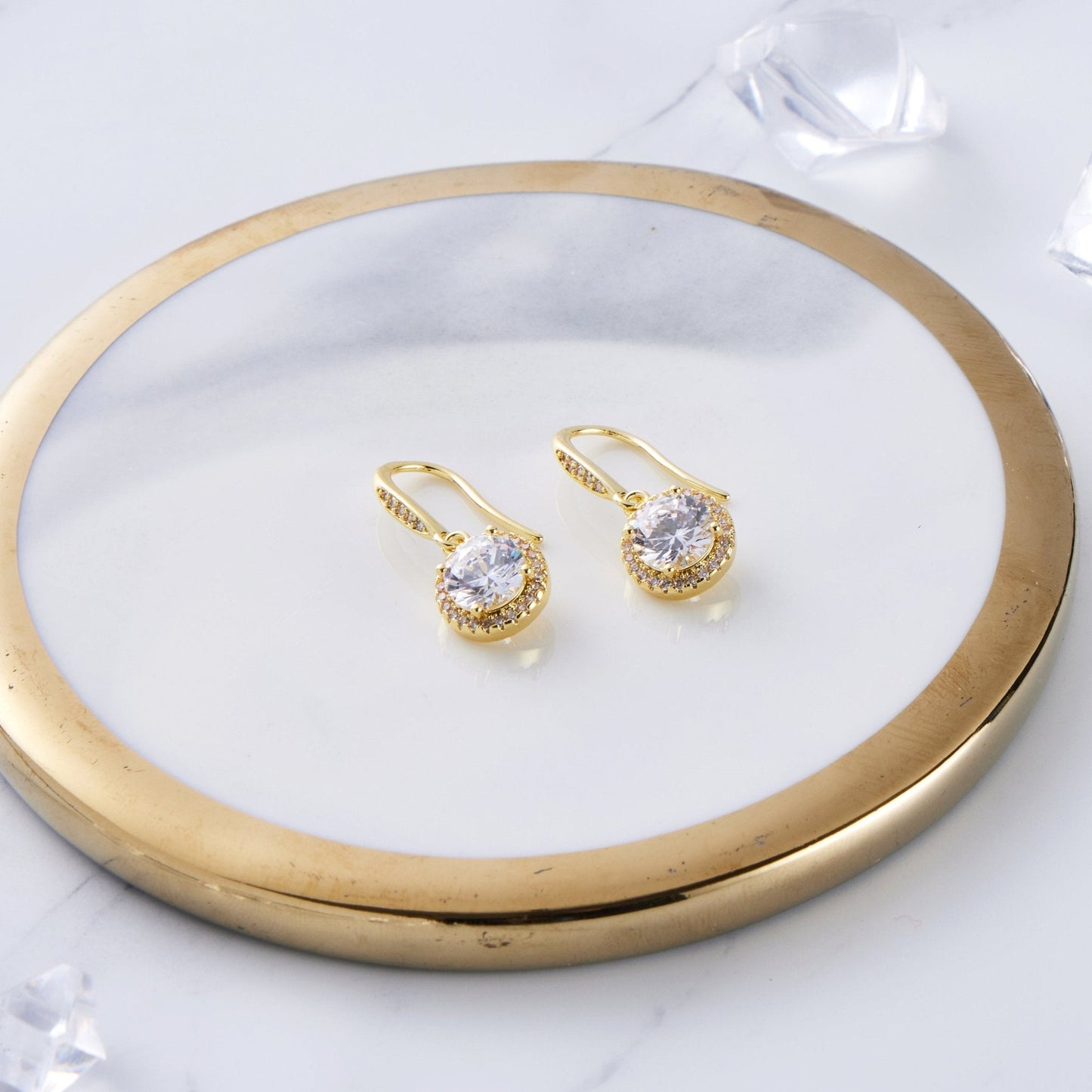 Gold Plated Halo Drop Earrings Created with Zircondia® Crystals