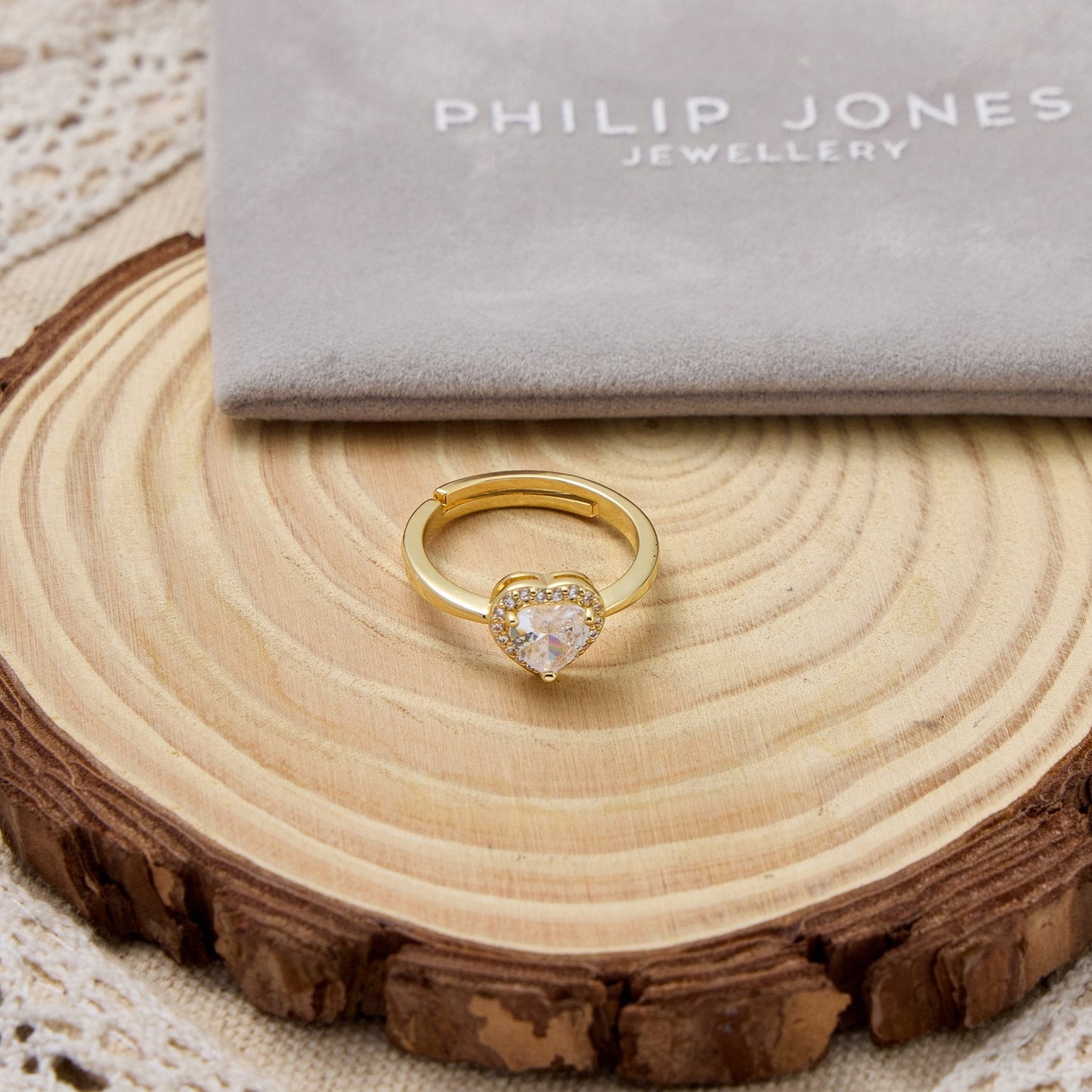 Gold Plated Heart Halo Ring Created with Zircondia® Crystals