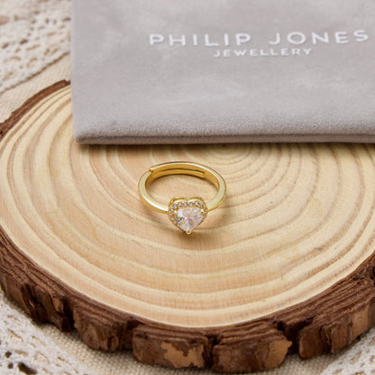 Gold Plated Heart Halo Ring Created with Zircondia® Crystals