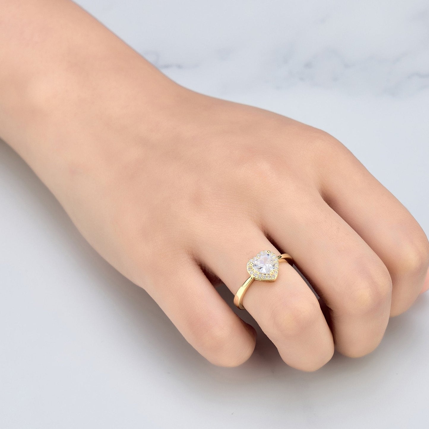 Gold Plated Heart Halo Ring Created with Zircondia® Crystals