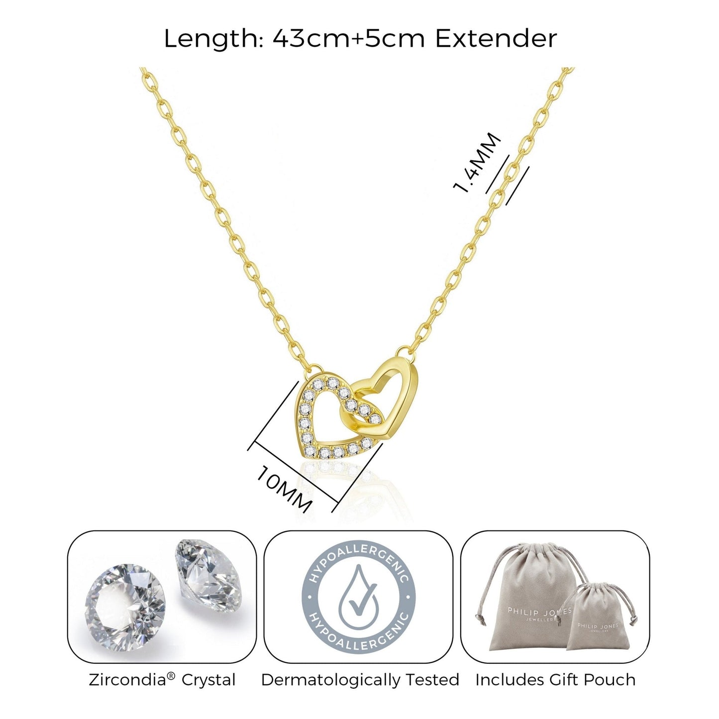 18k Gold Plated Heart Link Necklace Created with Zircondia® Crystals