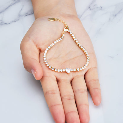 Gold Plated Heart Solitaire Tennis Bracelet Created with Zircondia® Crystals