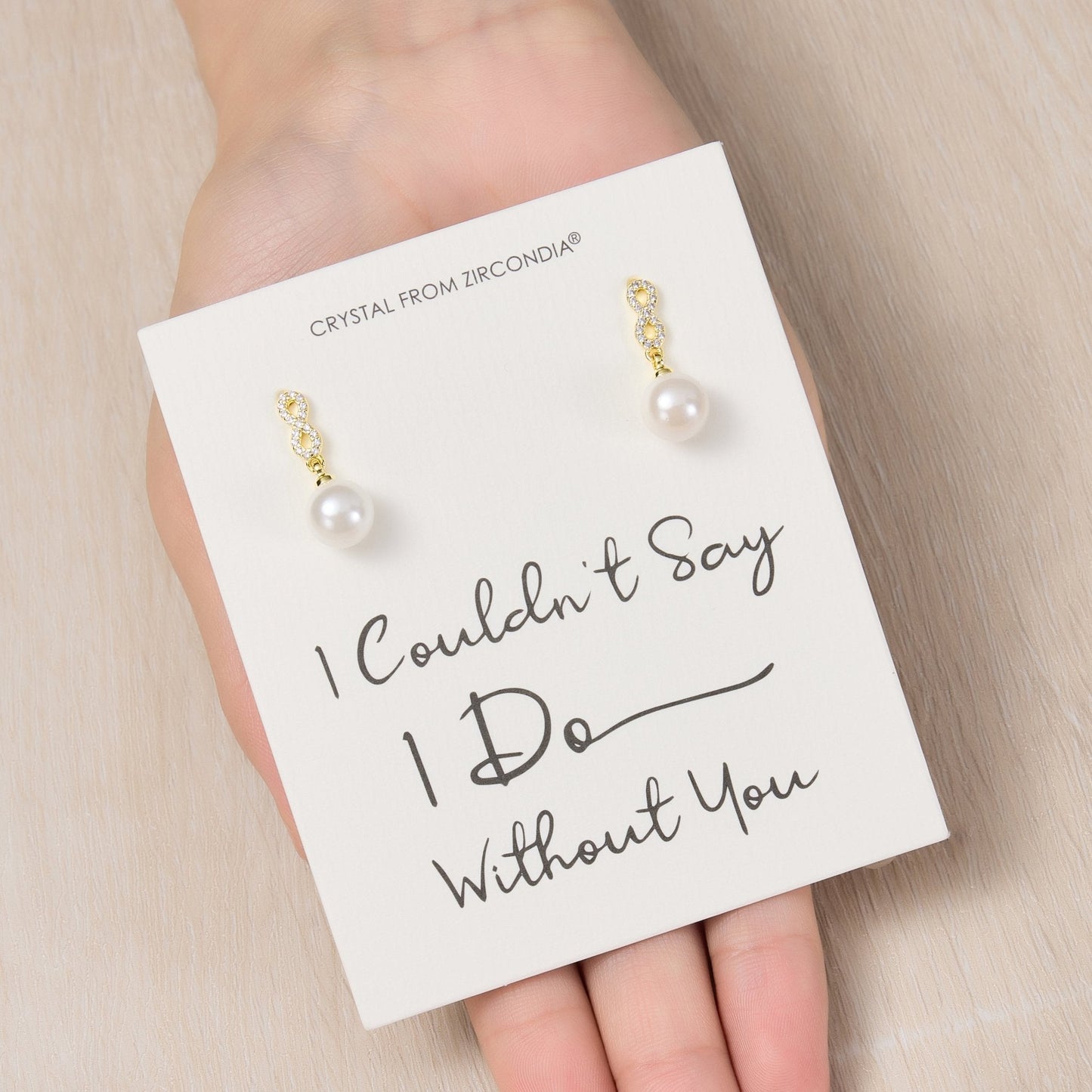 Gold Plated I Couldn't Say I Do Without You Infinity Pearl Drop Bridal Earrings with Zircondia® Crystals