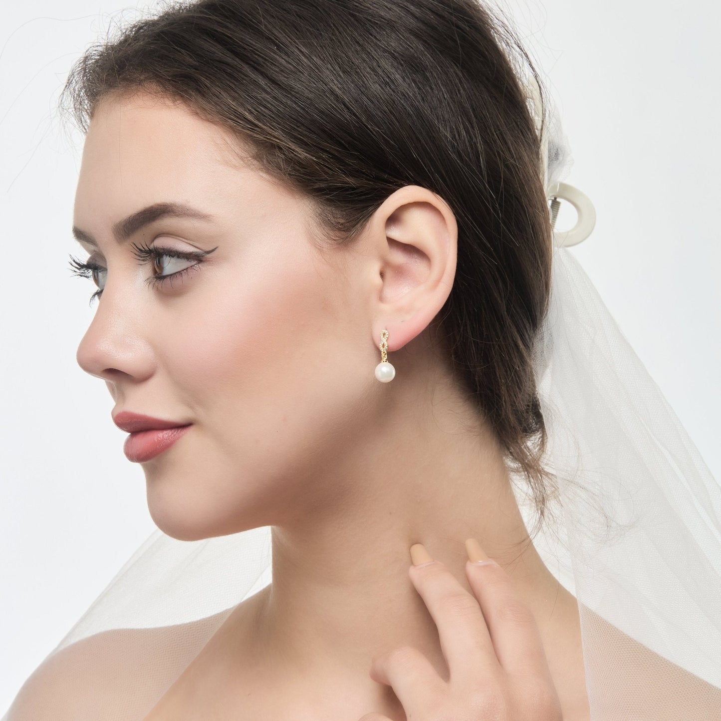 Gold Plated I Couldn't Say I Do Without You Infinity Pearl Drop Bridal Earrings with Zircondia® Crystals