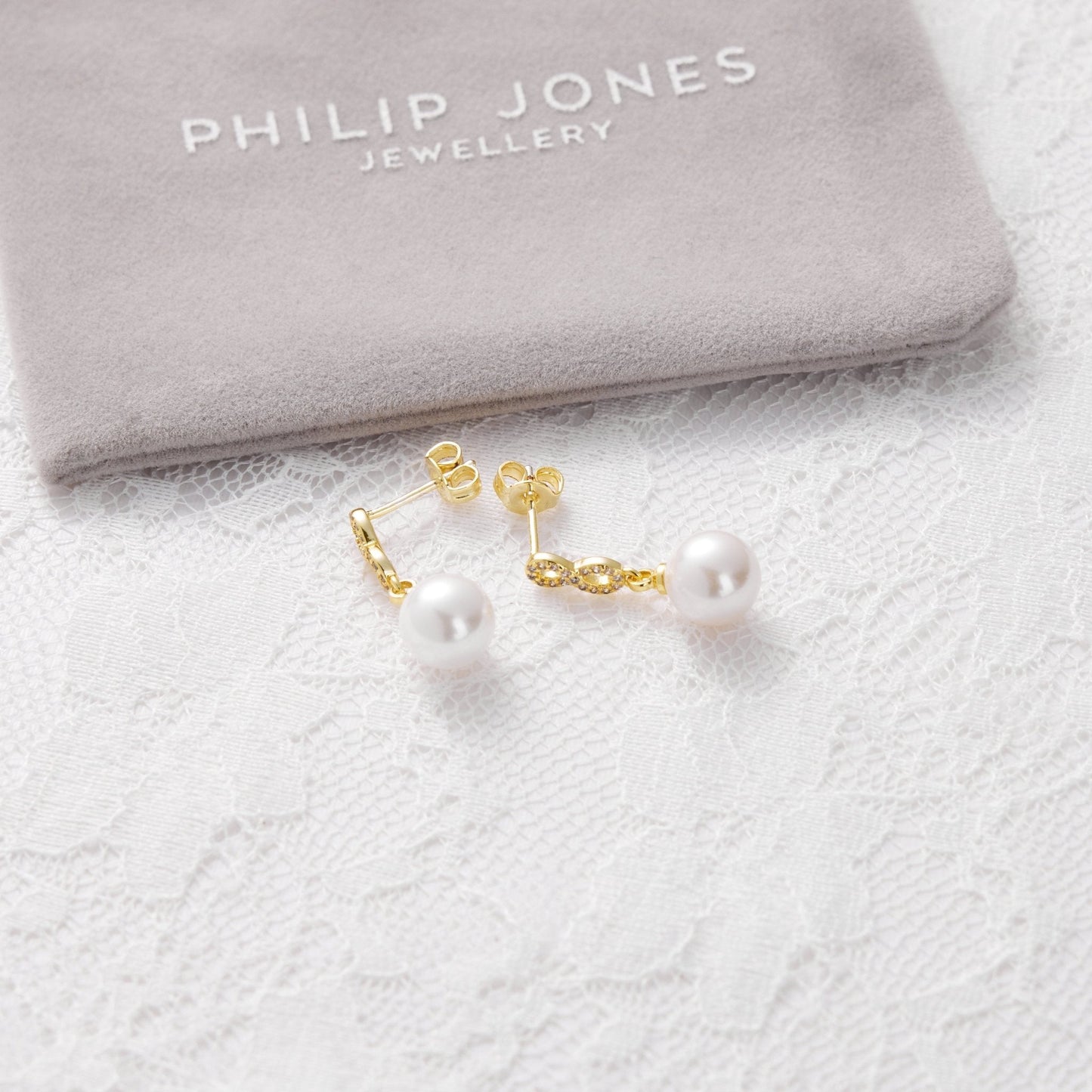 Gold Plated I Couldn't Say I Do Without You Infinity Pearl Drop Bridal Earrings with Zircondia® Crystals