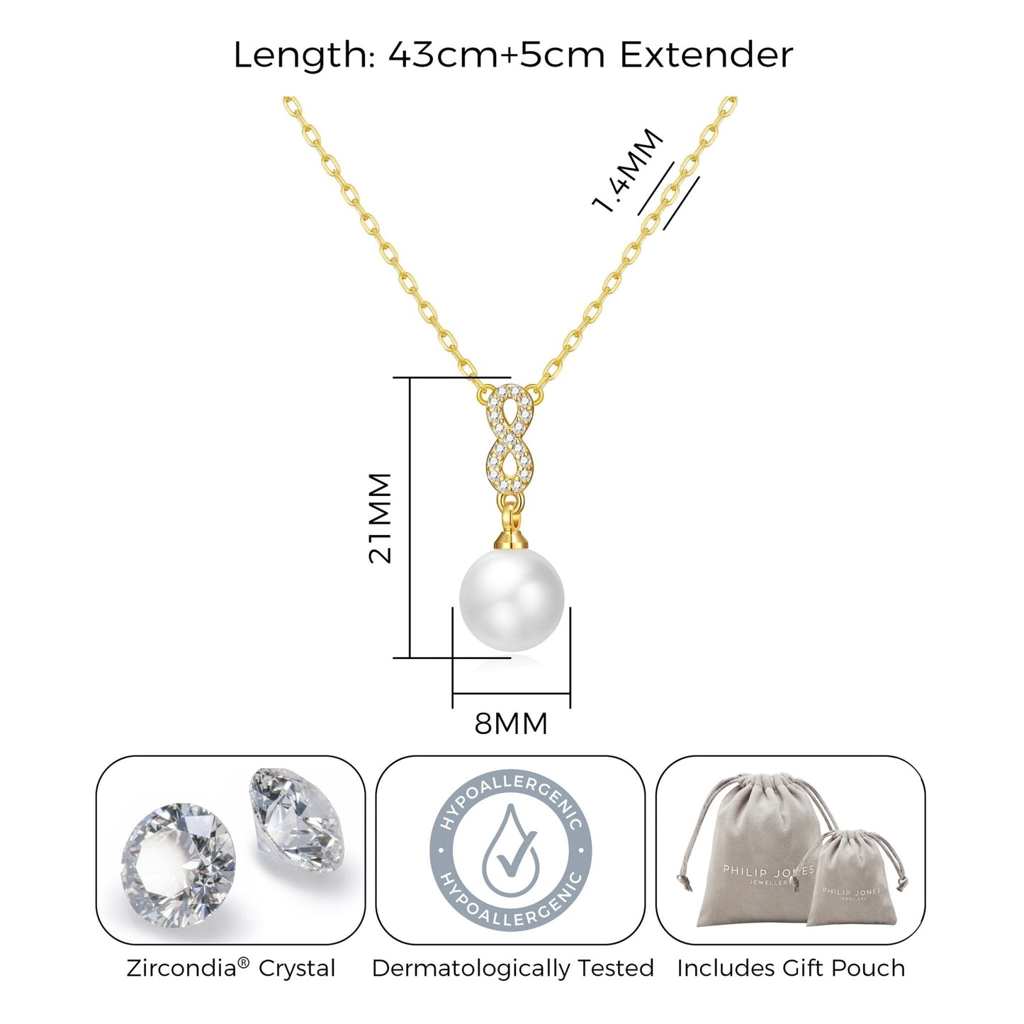 18k Gold Plated Infinity Pearl Drop Necklace Created with Zircondia® Crystals
