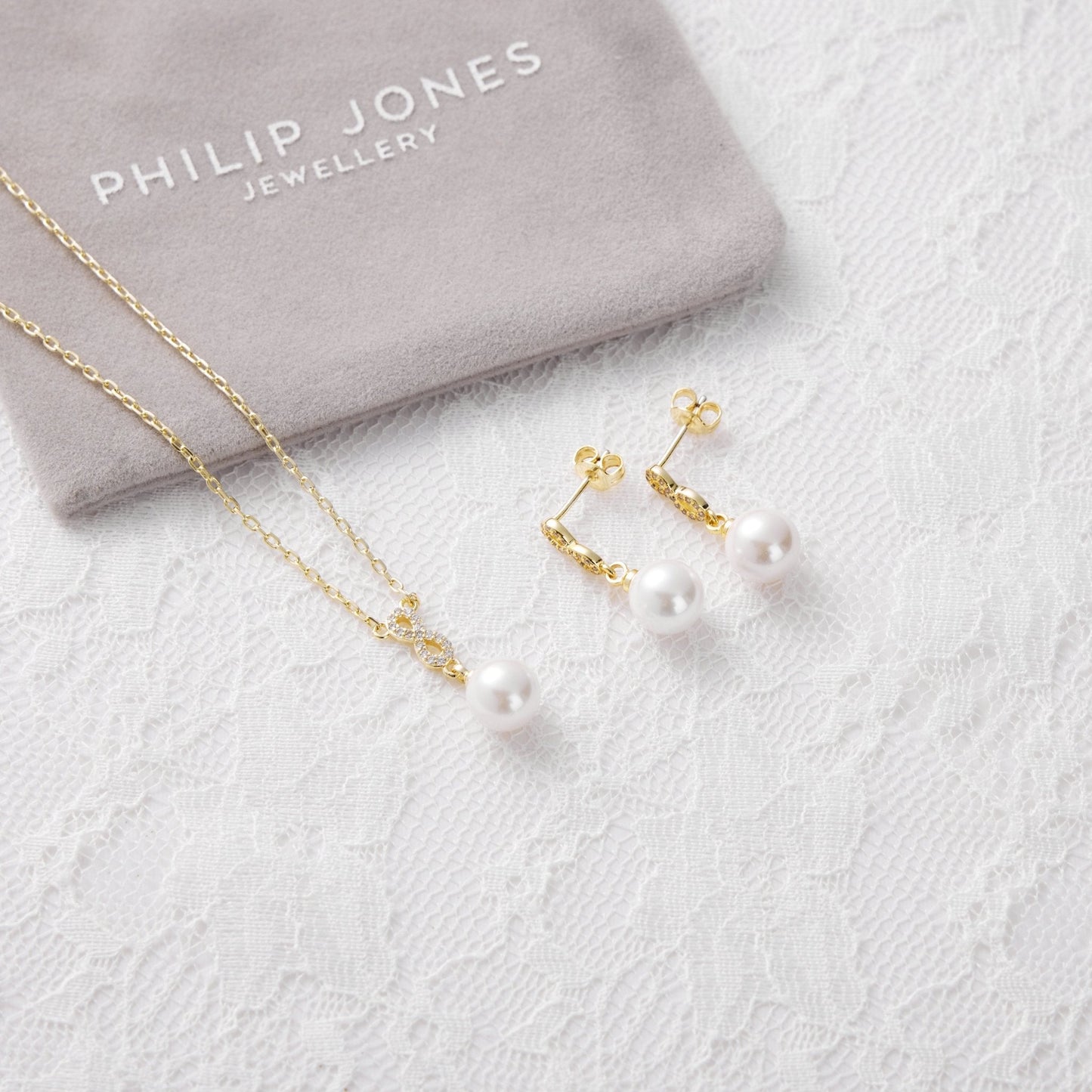 Gold Plated I Couldn't Say I Do Without You Infinity Pearl Drop Bridal Set with Zircondia® Crystals