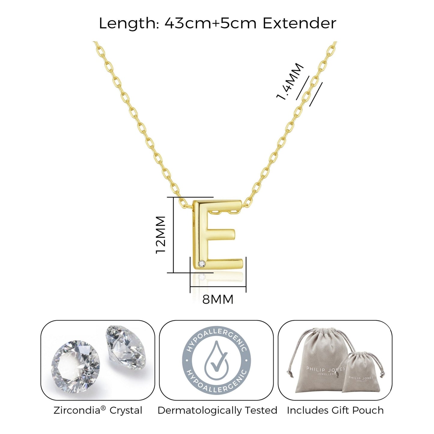 Collier initial plaqué or 18 carats lettre E créé avec des cristaux Zircondia®