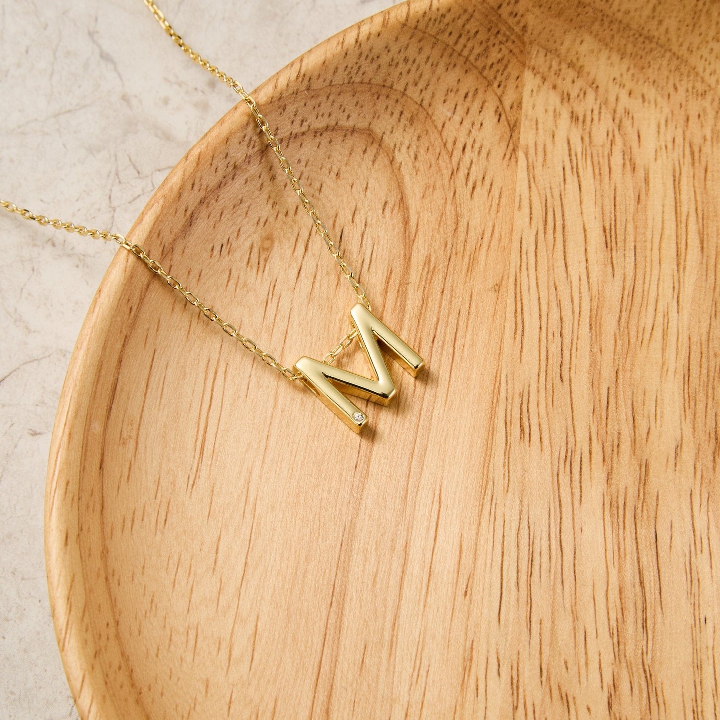 18k Gold Plated Initial Necklace Letter M Created with Zircondia® Crystals
