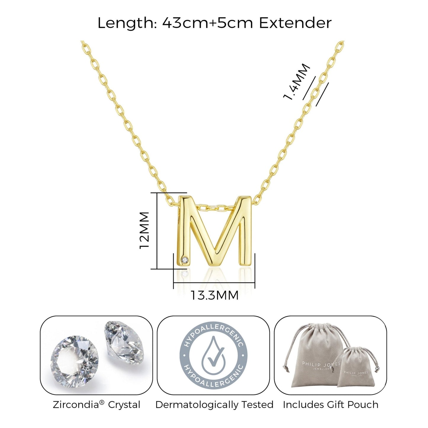 18k Gold Plated Initial Necklace Letter M Created with Zircondia® Crystals
