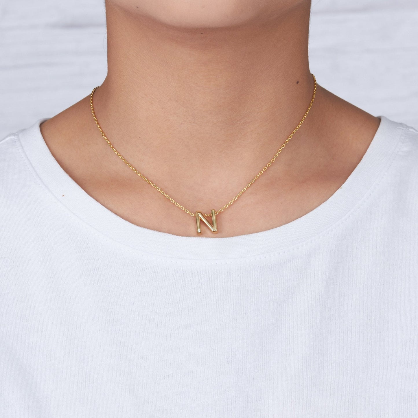 Gold Plated Initial Necklace Letter N Created with Zircondia® Crystals