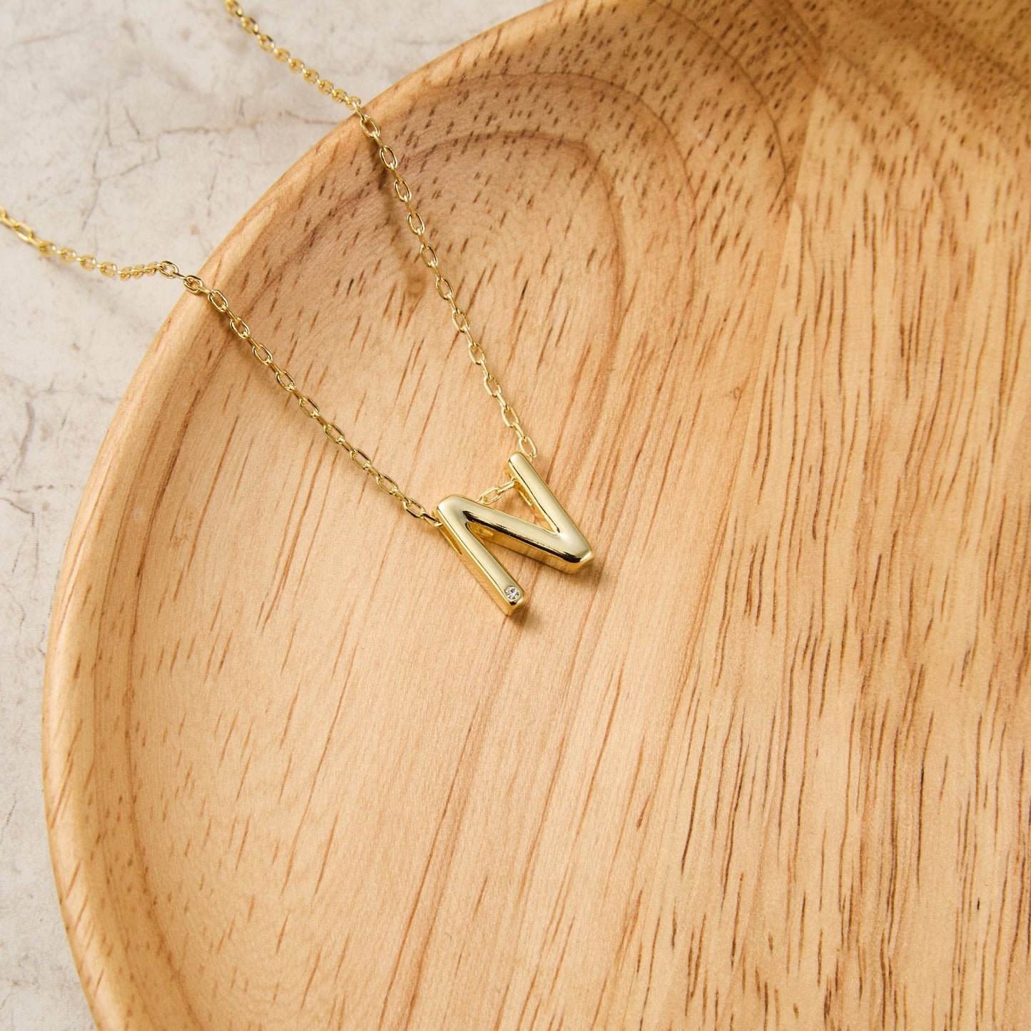 Gold Plated Initial Necklace Letter N Created with Zircondia® Crystals