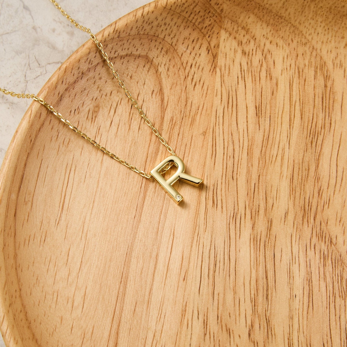 18k Gold Plated Initial Necklace Letter R Created with Zircondia® Crystals
