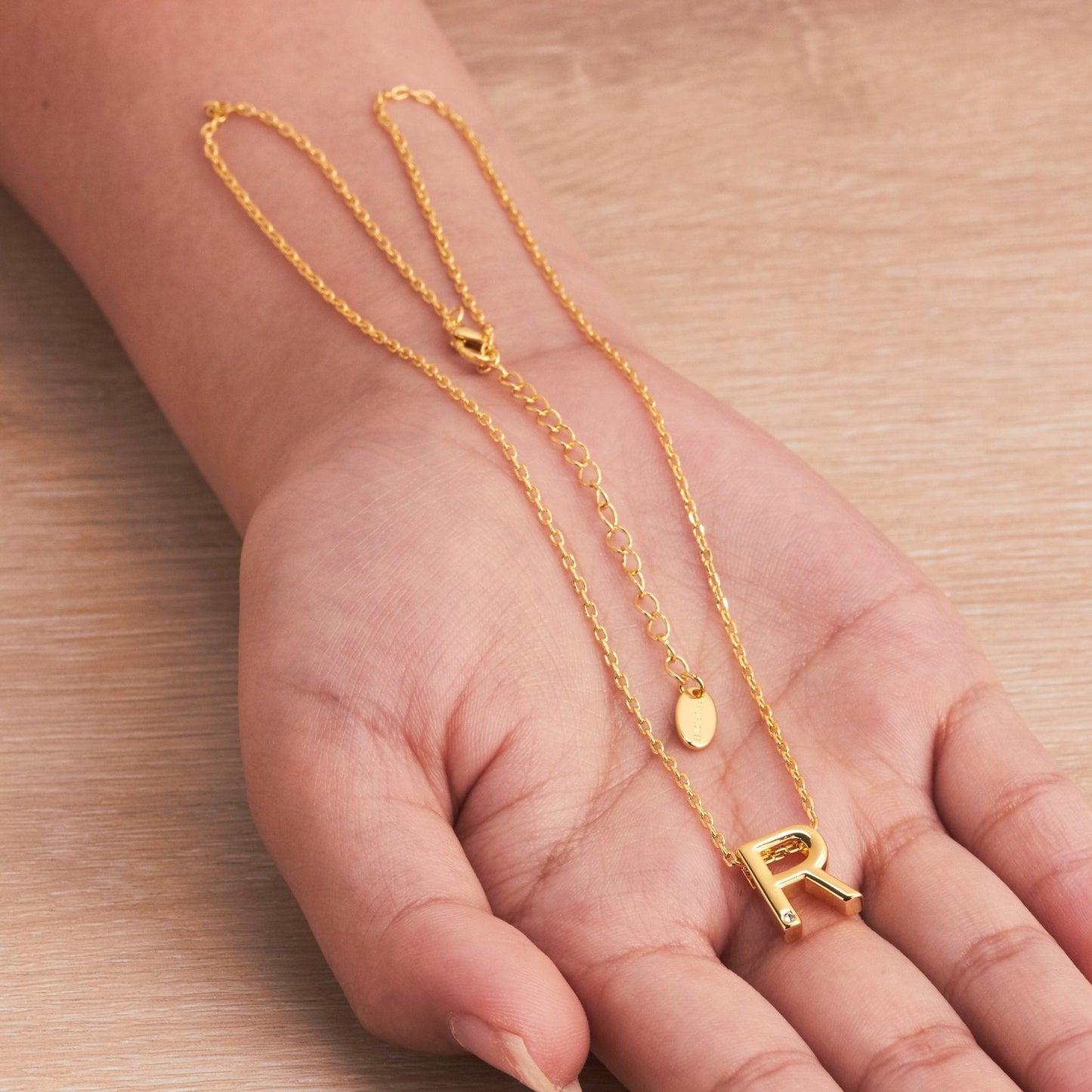 Gold Plated Initial Necklace Letter R Created with Zircondia® Crystals