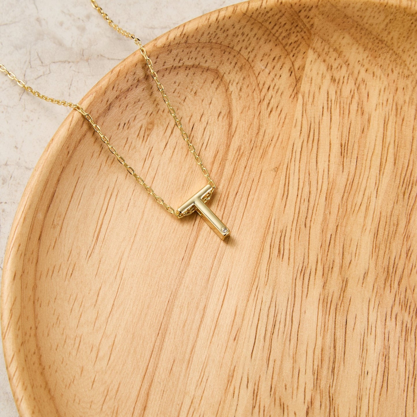 Gold Plated Initial Necklace Letter T Created with Zircondia® Crystals