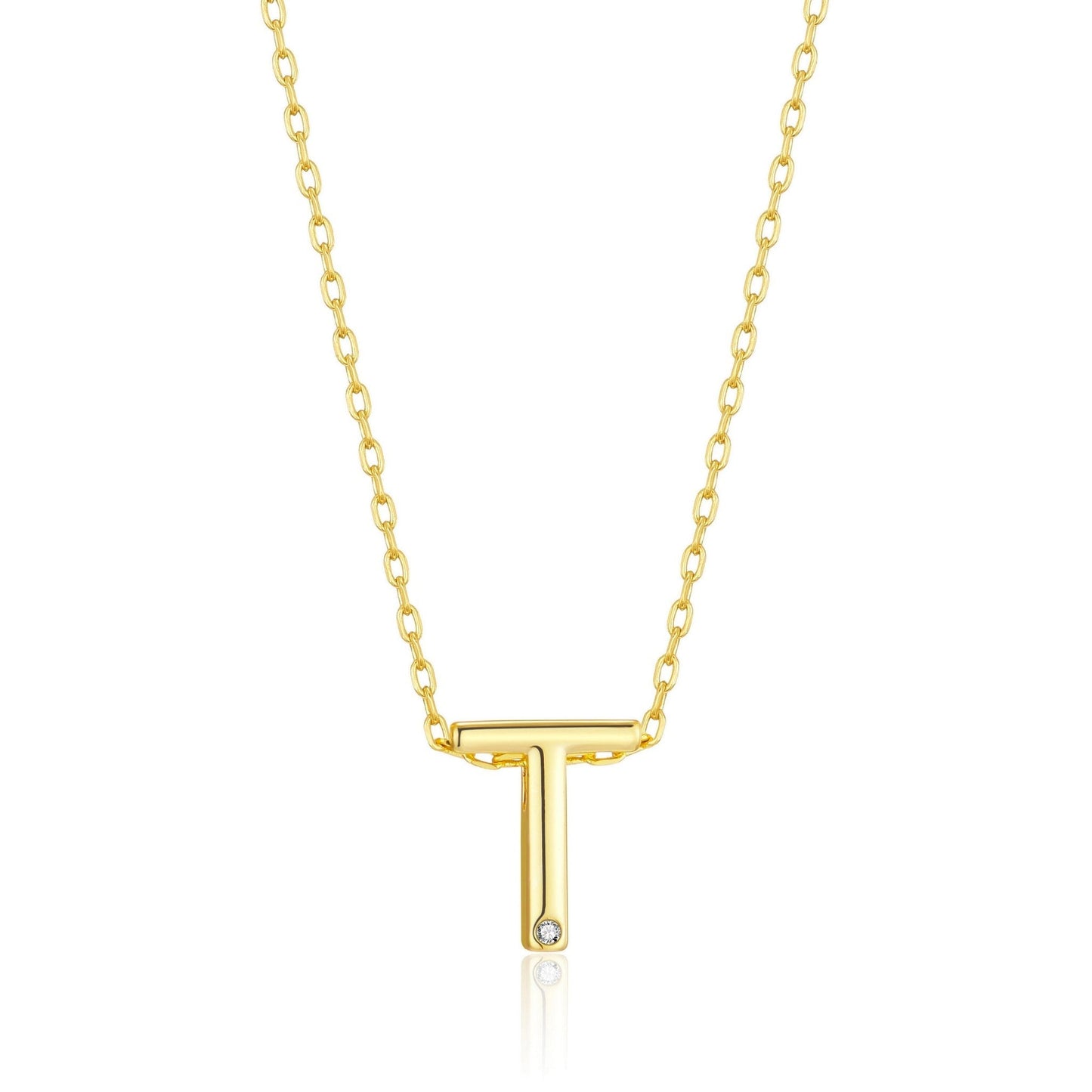 18k Gold Plated Initial Necklace Letter T Created with Zircondia® Crystals