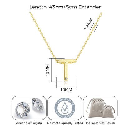 Gold Plated Initial Necklace Letter T Created with Zircondia® Crystals