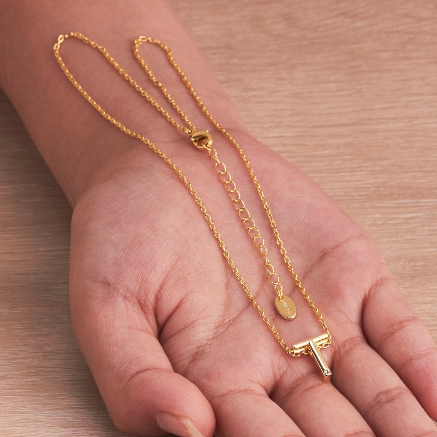 Gold Plated Initial Necklace Letter T Created with Zircondia® Crystals