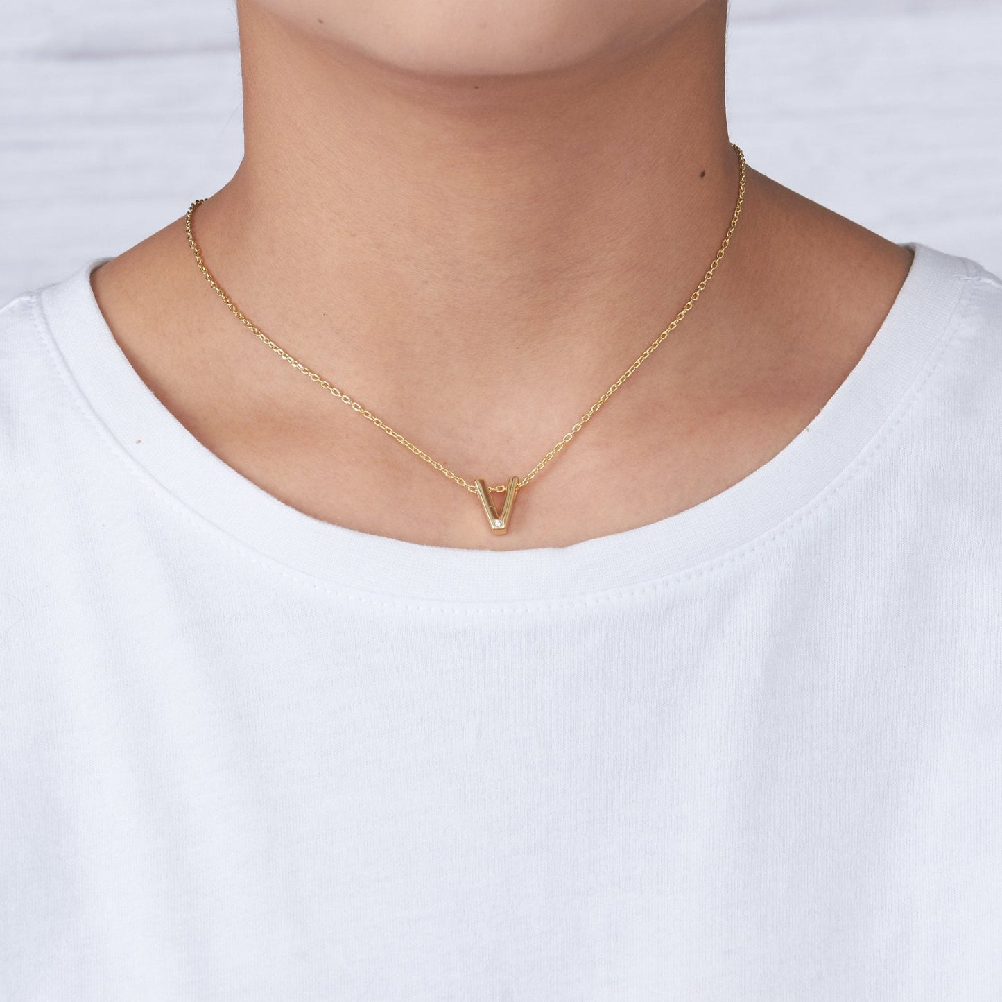 18k Gold Plated Initial Necklace Letter V Created with Zircondia® Crystals
