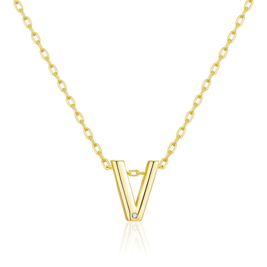 Gold Plated Initial Necklace Letter V Created with Zircondia® Crystals