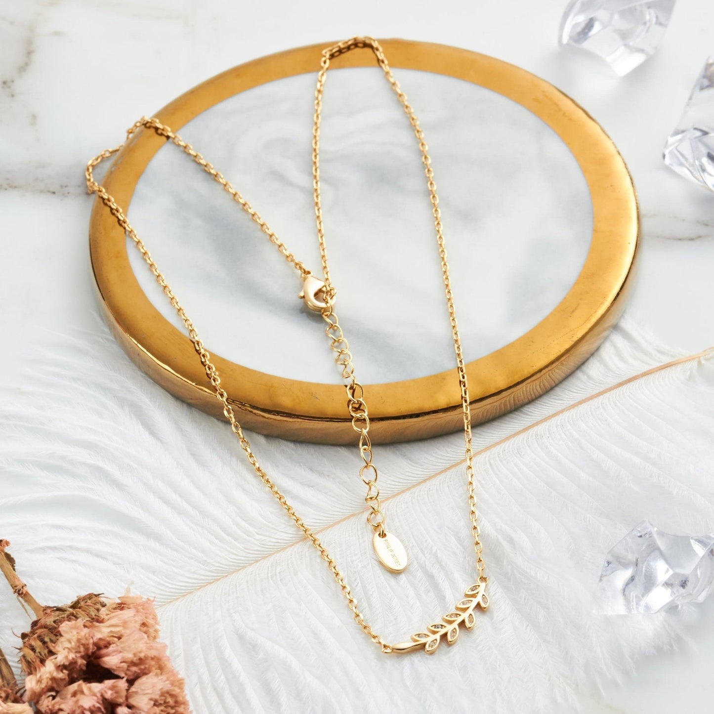 Gold Plated Leaf Necklace Created with Zircondia® Crystals