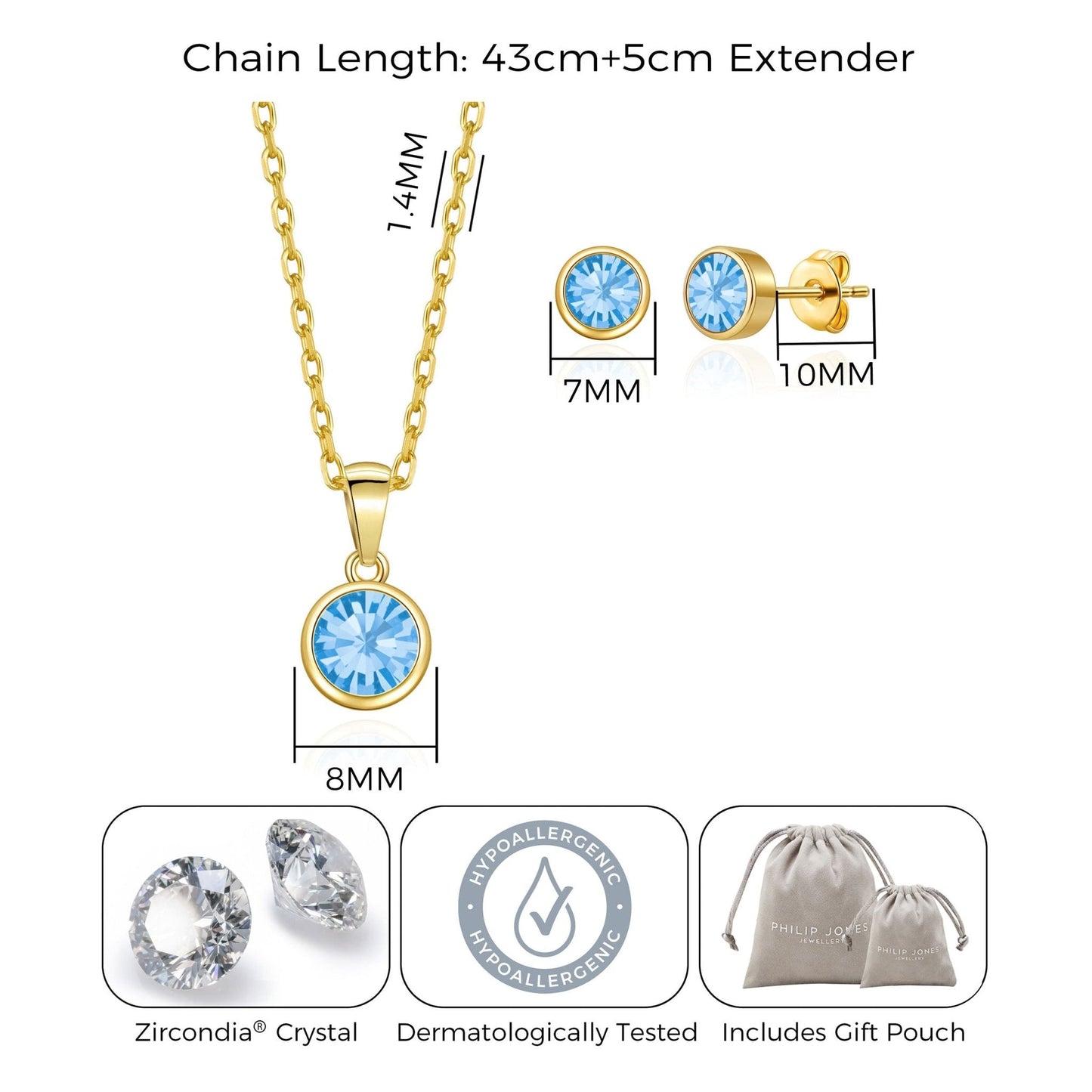 Gold Plated March (Aquamarine) Birthstone Necklace & Earrings Set Created with Zircondia® Crystals