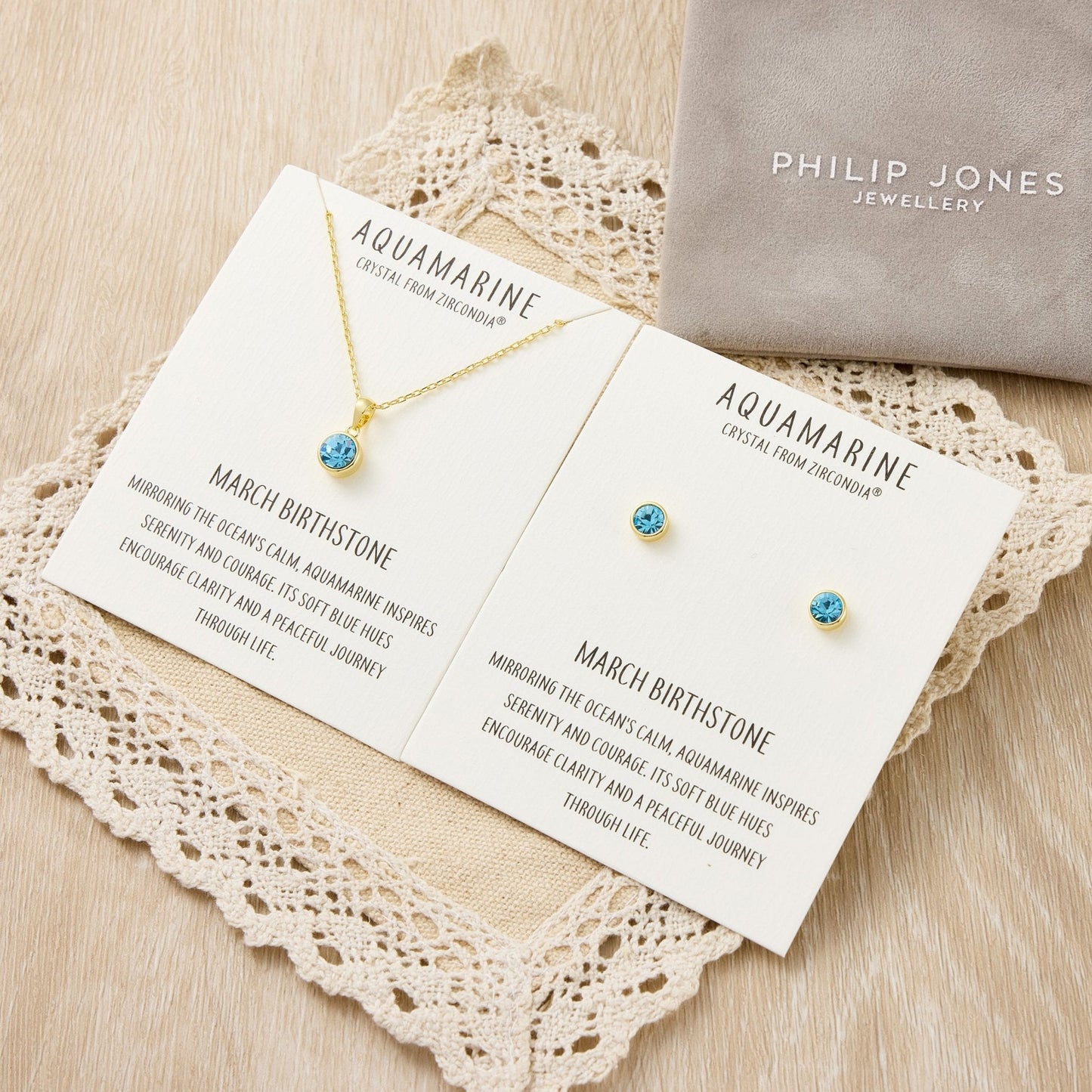 Gold Plated March (Aquamarine) Birthstone Necklace & Earrings Set Created with Zircondia® Crystals