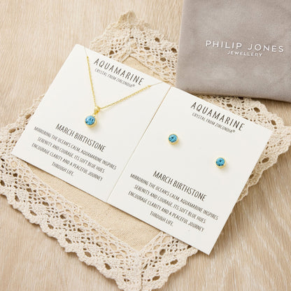 Gold Plated March (Aquamarine) Birthstone Necklace & Earrings Set Created with Zircondia® Crystals