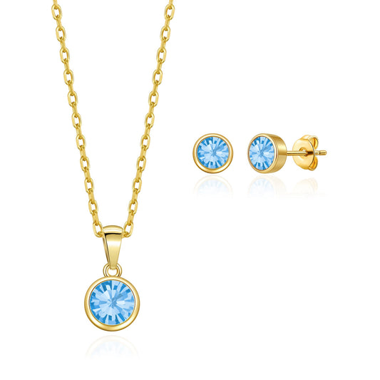 Gold Plated March (Aquamarine) Birthstone Necklace & Earrings Set Created with Zircondia® Crystals