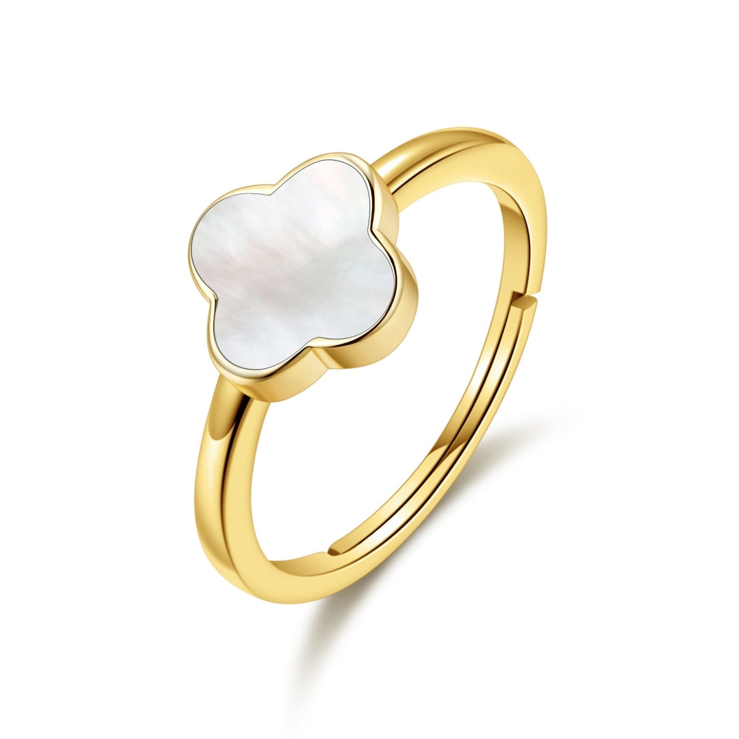 Gold Plated Mother of Pearl Gemstone Adjustable Clover Ring