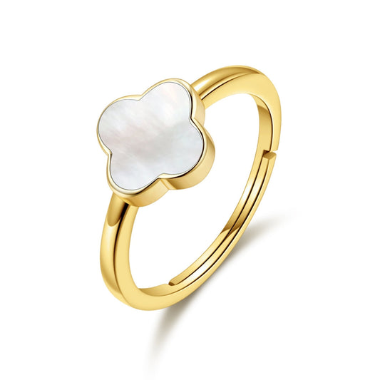 Gold Plated Mother of Pearl Gemstone Adjustable Clover Ring