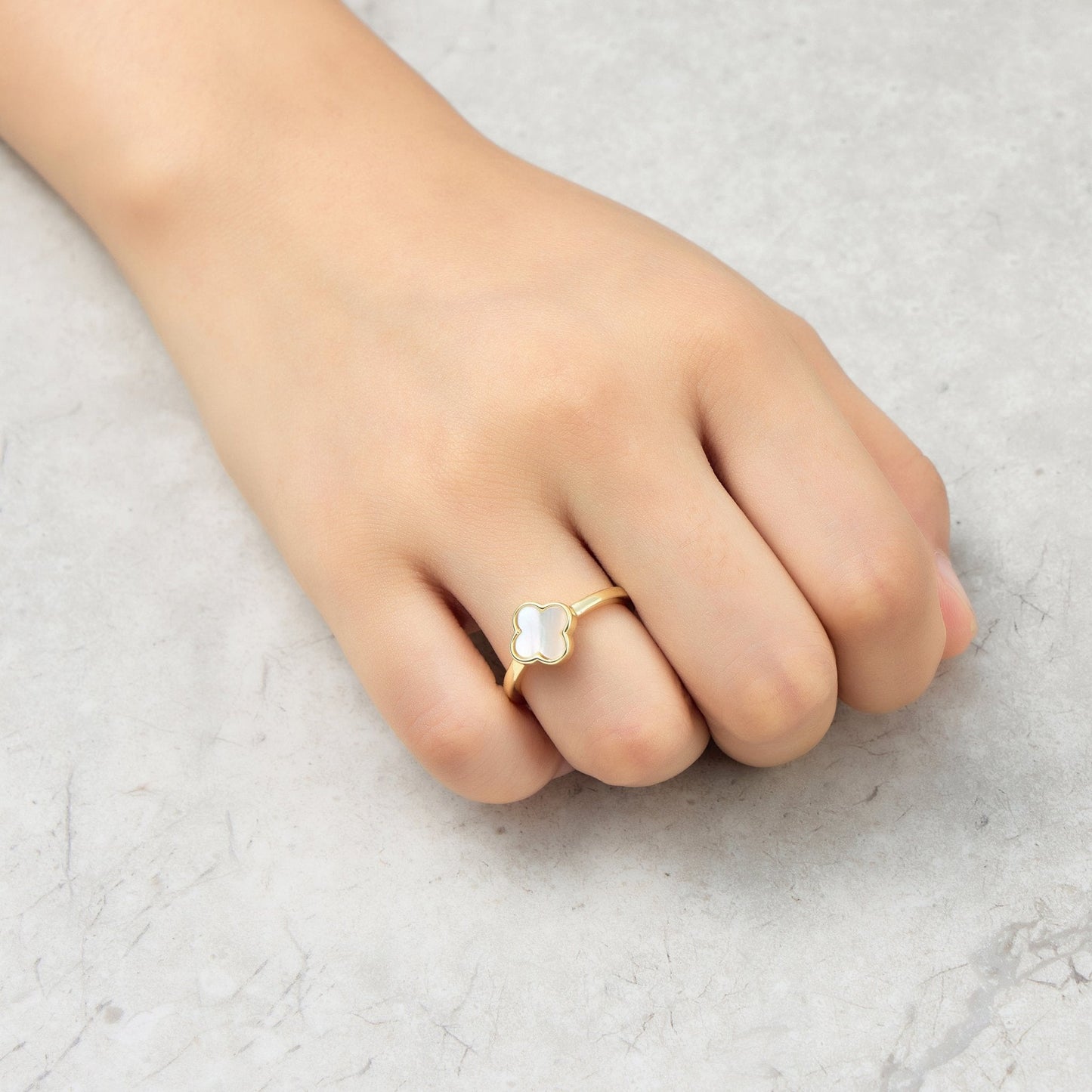 Gold Plated Mother of Pearl Gemstone Adjustable Clover Ring