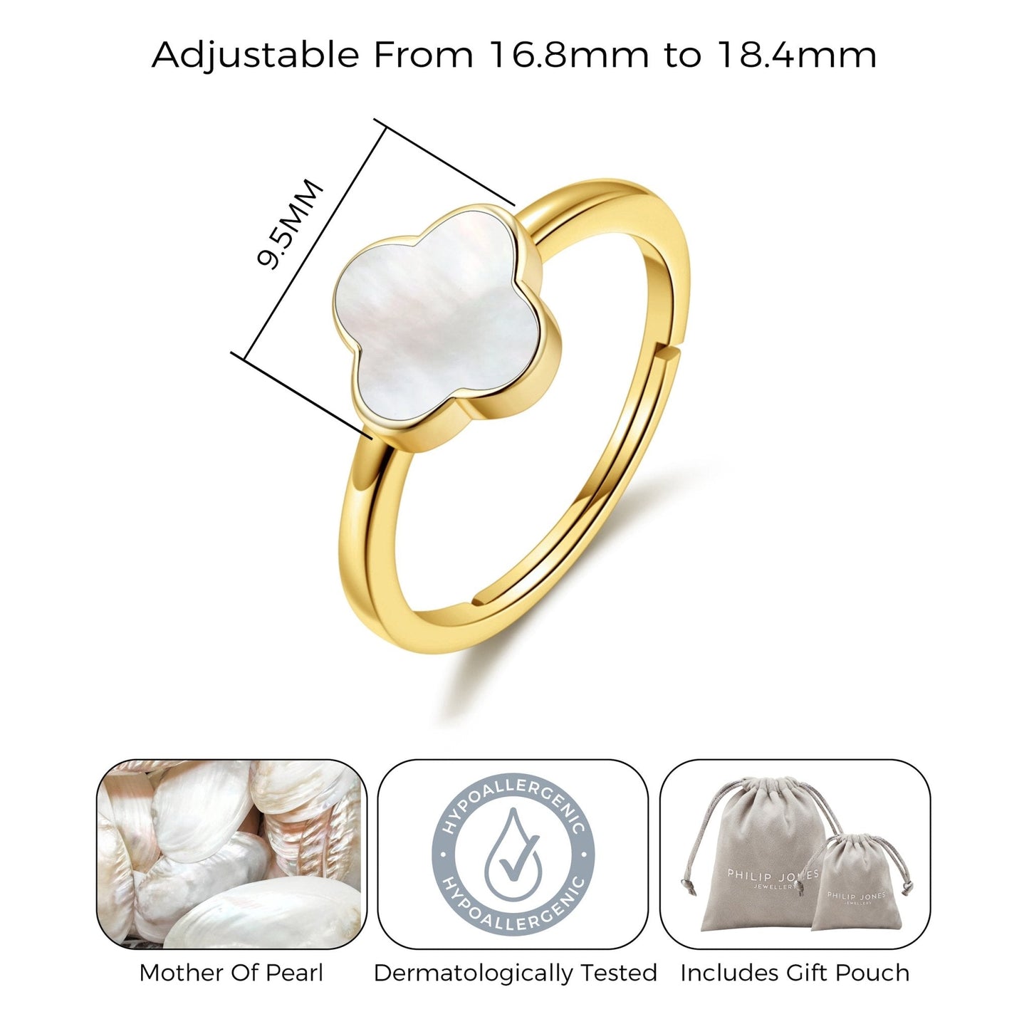Gold Plated Mother of Pearl Gemstone Adjustable Clover Ring