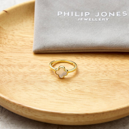 Gold Plated Mother of Pearl Gemstone Adjustable Clover Ring