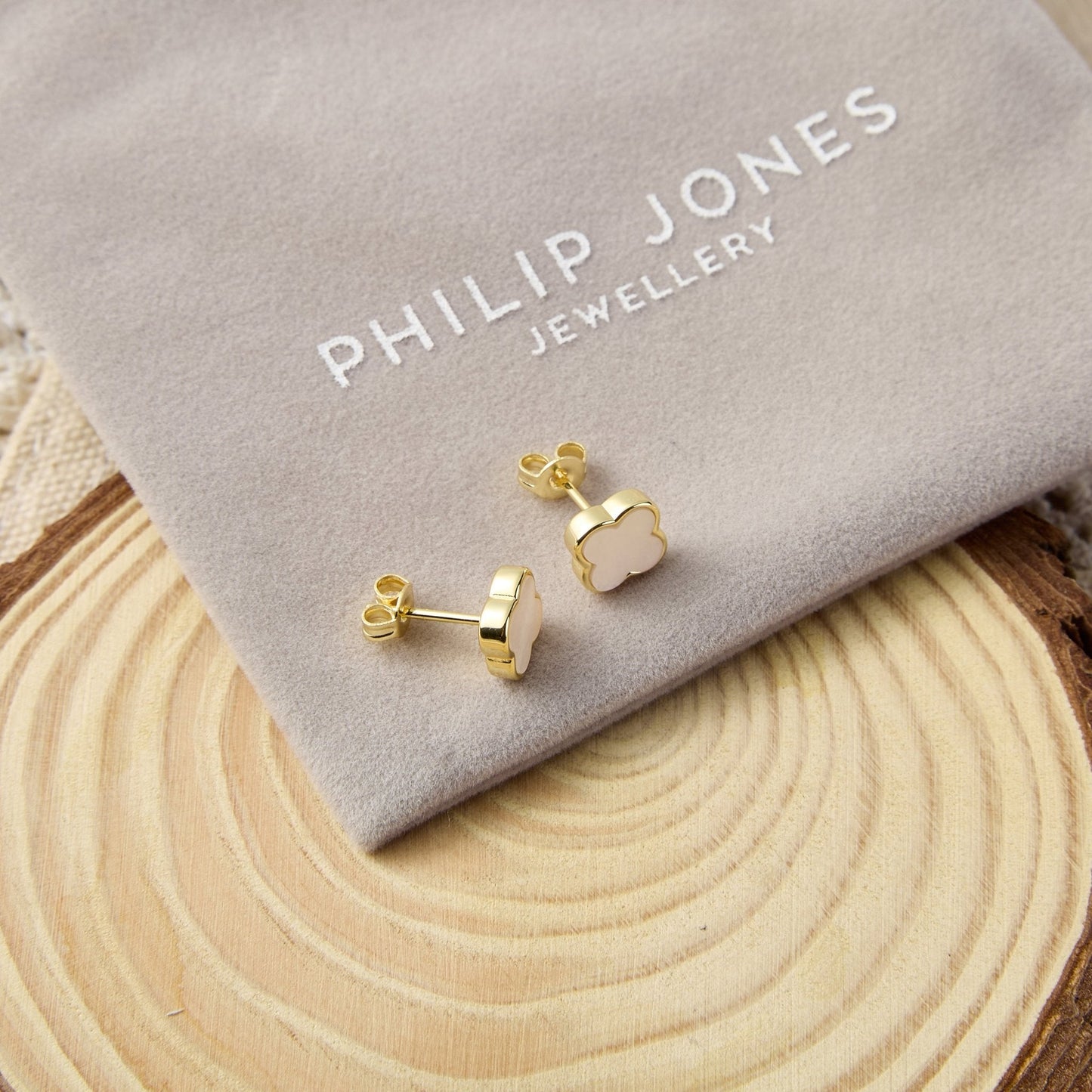 Gold Plated Mother of Pearl Gemstone Clover Earrings