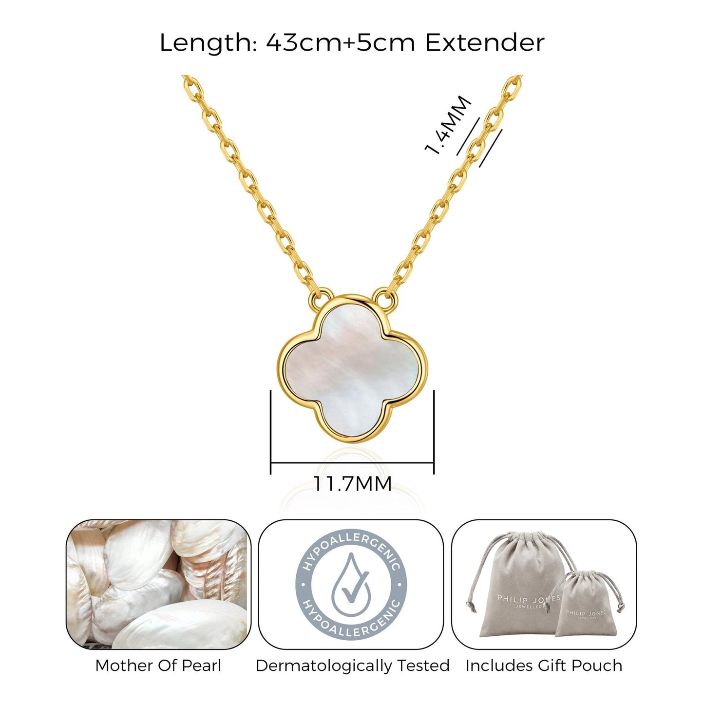 Gold Plated Mother of Pearl Gemstone Clover Necklace
