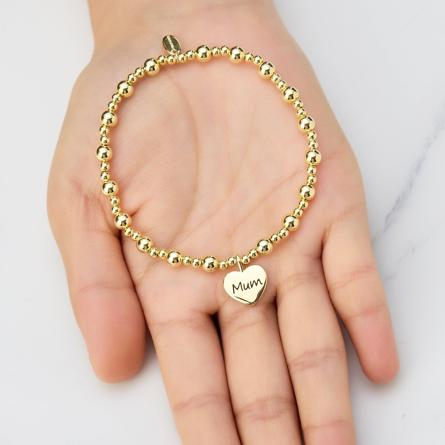 Gold Plated Mum Heart Charm Beaded Stretch Bracelet
