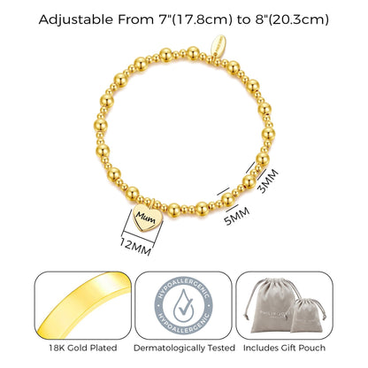 Gold Plated Mum Heart Charm Beaded Stretch Bracelet