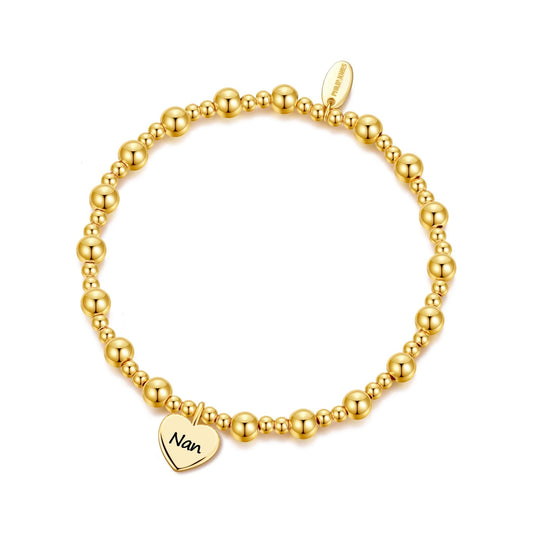 Gold Plated Nan Heart Charm Beaded Stretch Bracelet