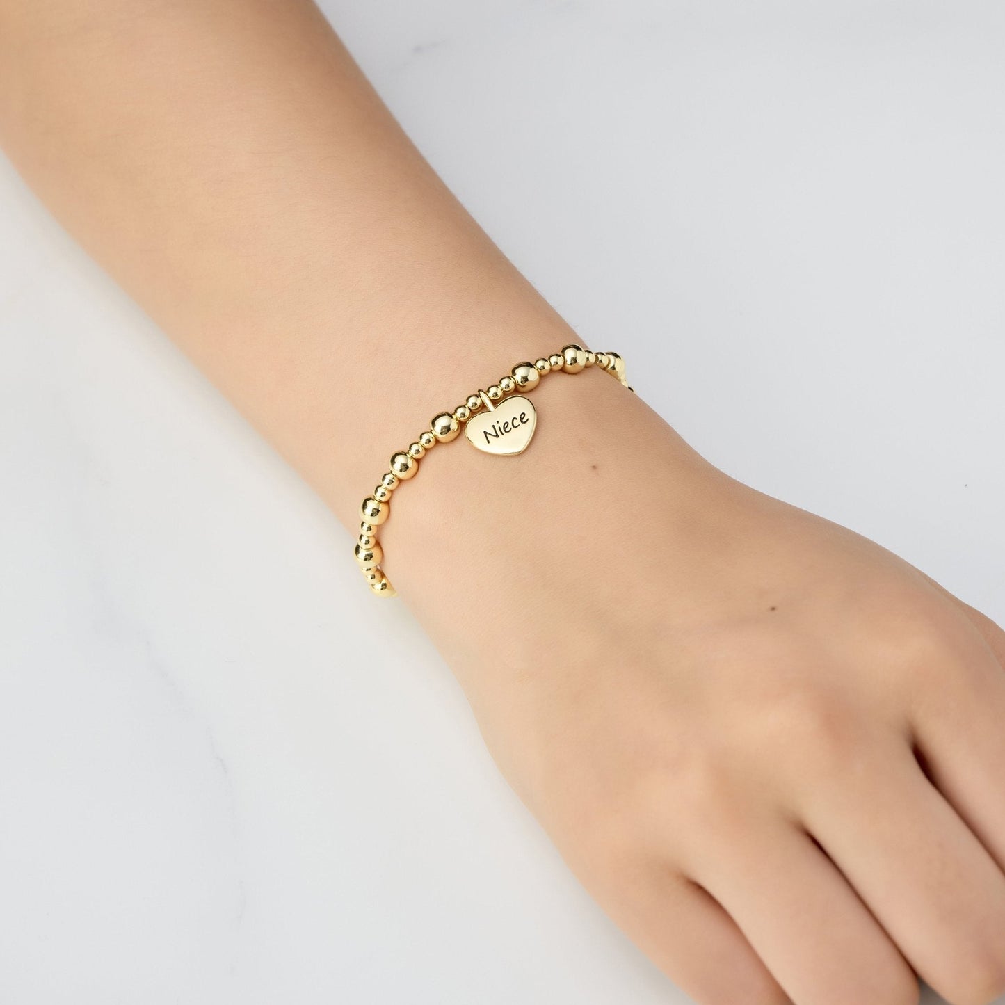 Gold Plated Niece Heart Charm Beaded Stretch Bracelet