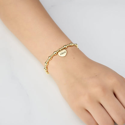 Gold Plated Niece Heart Charm Beaded Stretch Bracelet