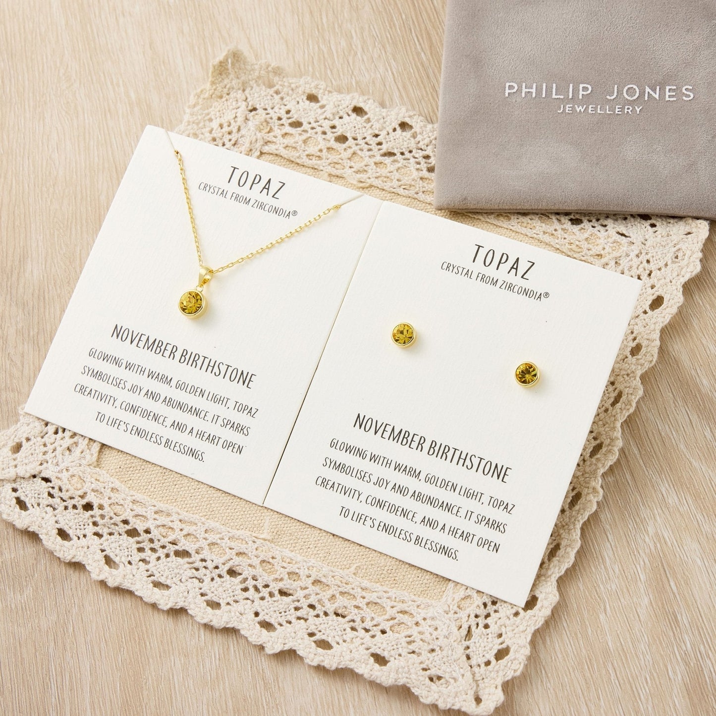 Gold Plated November (Topaz) Birthstone Necklace & Earrings Set Created with Zircondia® Crystals