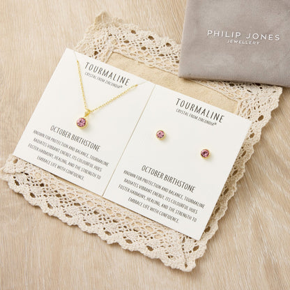 Gold Plated October (Tourmaline) Birthstone Necklace & Earrings Set Created with Zircondia® Crystals