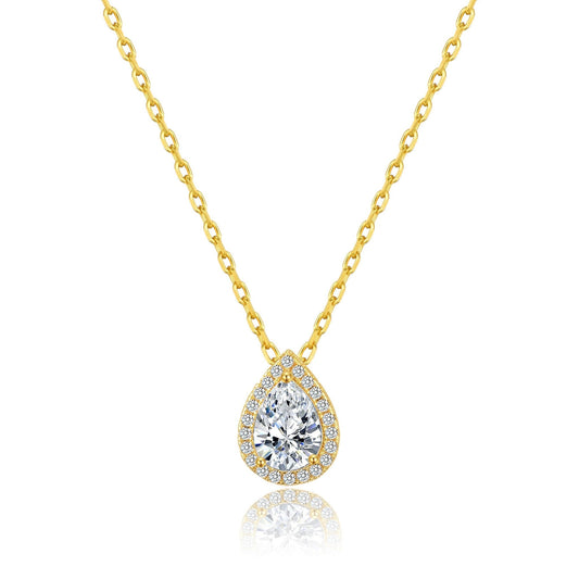 Gold Plated Pear Halo Necklace Created with Zircondia® Crystals