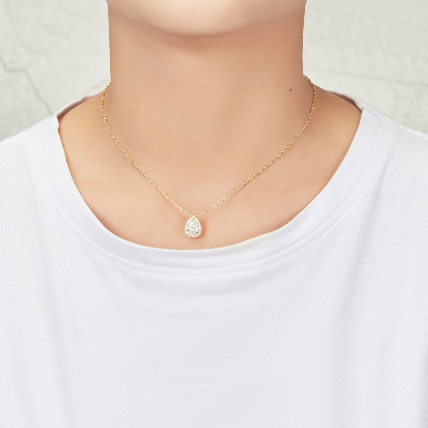 Gold Plated Pear Halo Necklace Created with Zircondia® Crystals