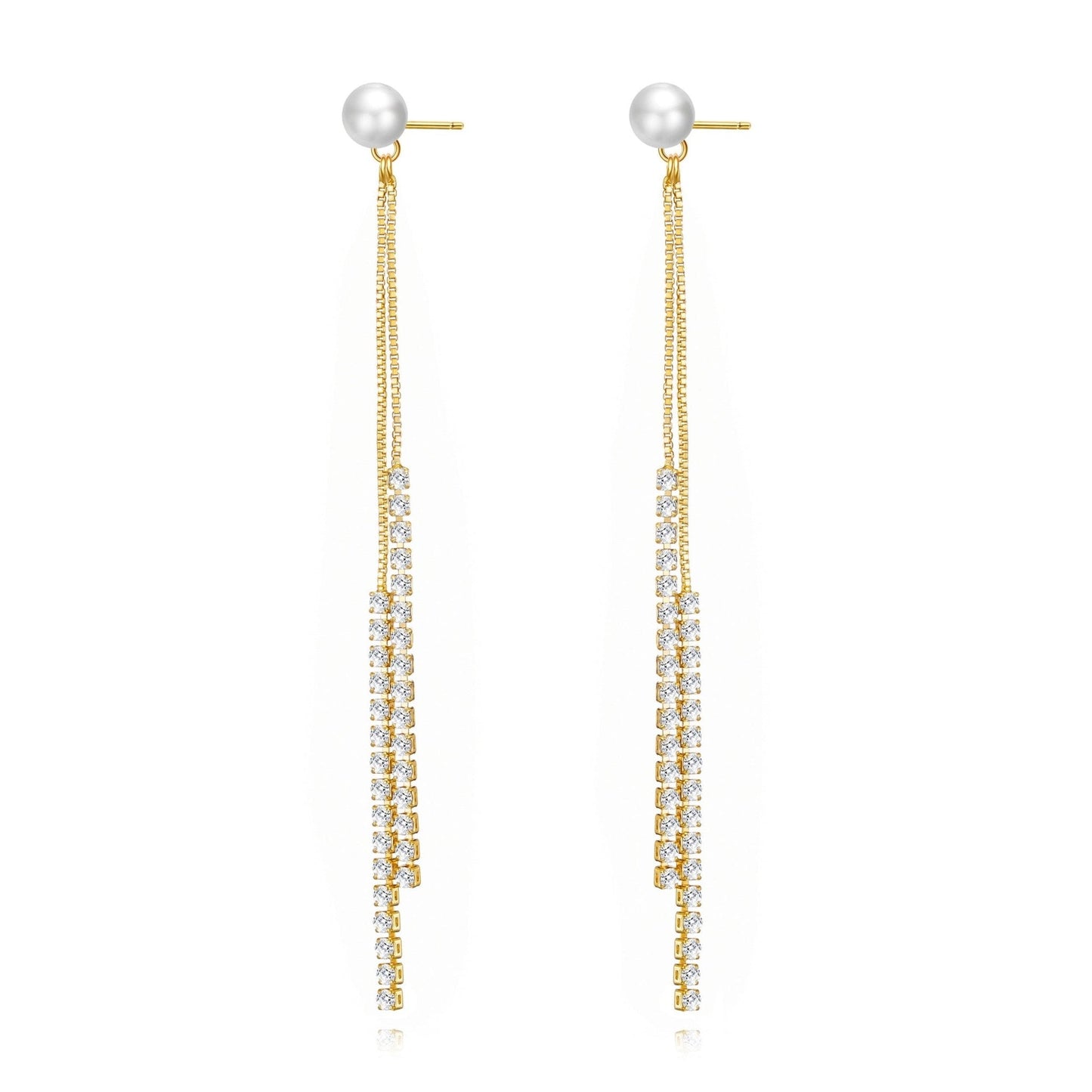 Gold Plated Pearl Dangle Earrings Created with Zircondia® Crystals