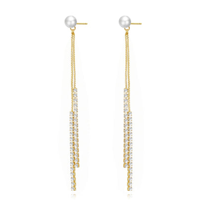 Gold Plated Pearl Dangle Earrings Created with Zircondia® Crystals